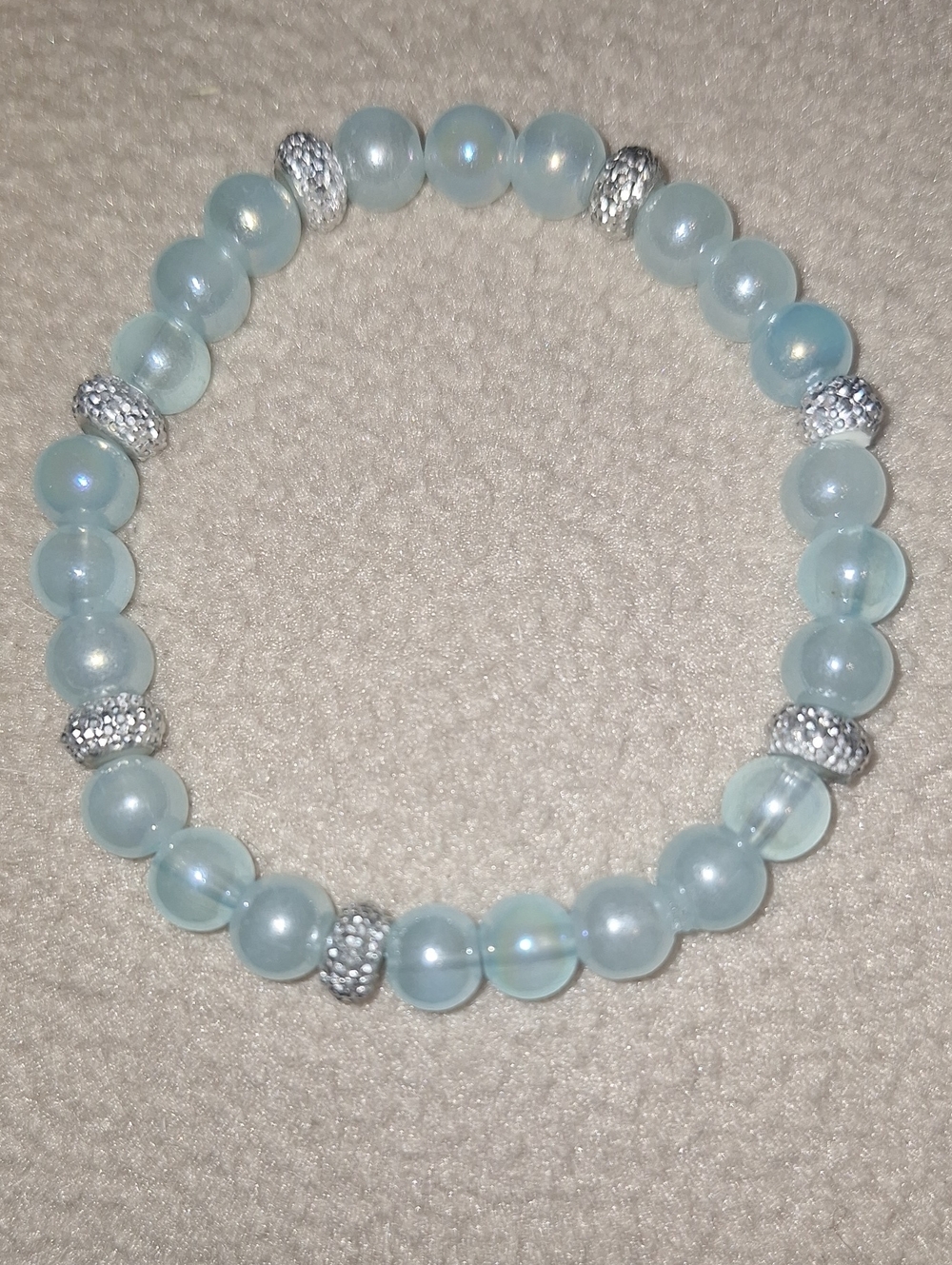 Light Blue Glass Beaded Stretch Bracelet with Silver Accent Rondelles